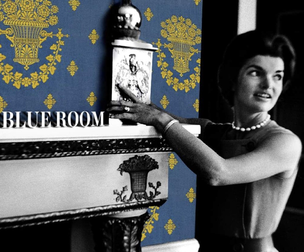 Jackie Kennedy puts her elegant and indelible stamp on the White House using a Schumacher Lamps to swathe the walls of the Blue Room.