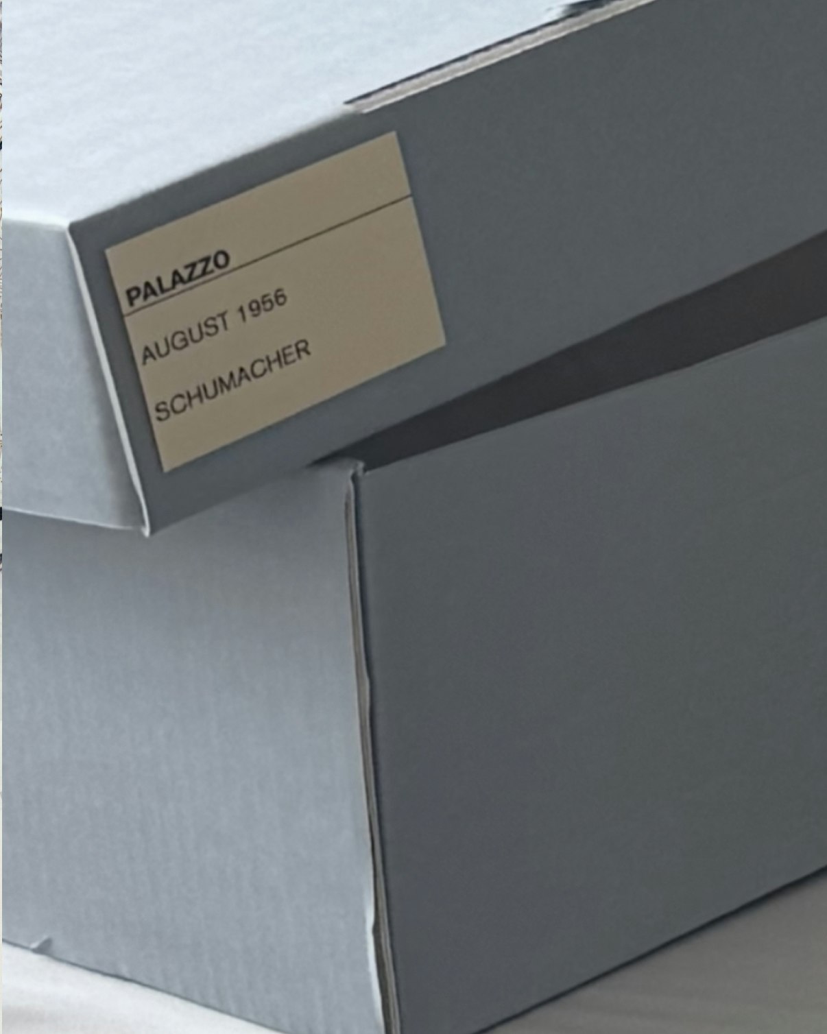 An archival box from Schumacher, dated August 1956 for PALAZZO
