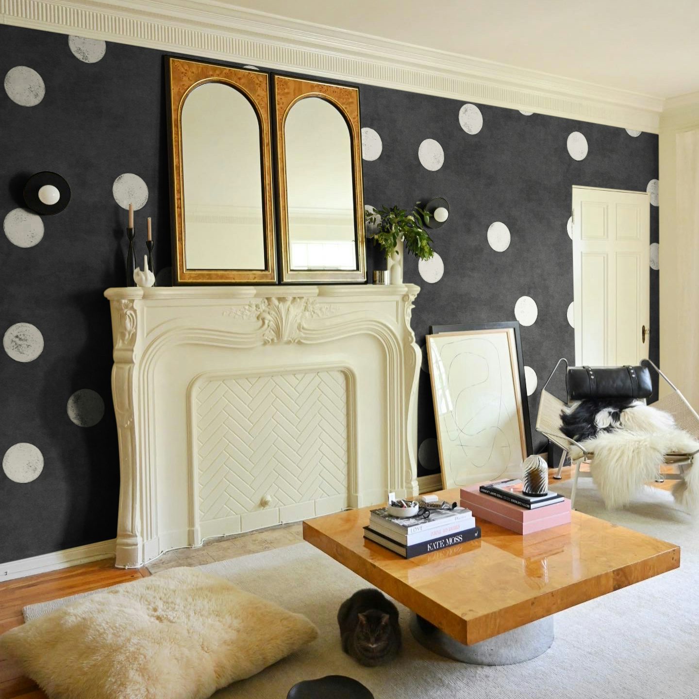 A light-filled living room showcases an accent wall with carbon wallpaper and white dots