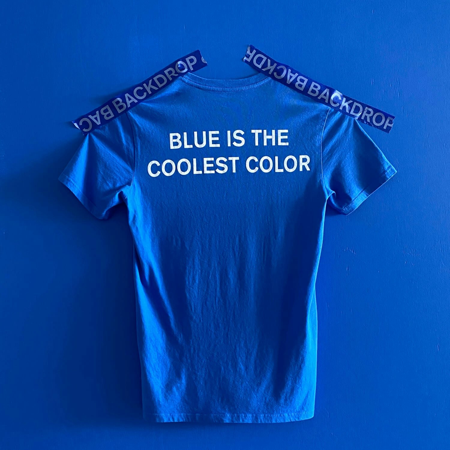 BLUE IS THE COOLEST COLOR painted on a wall with a t-shirt taped to it