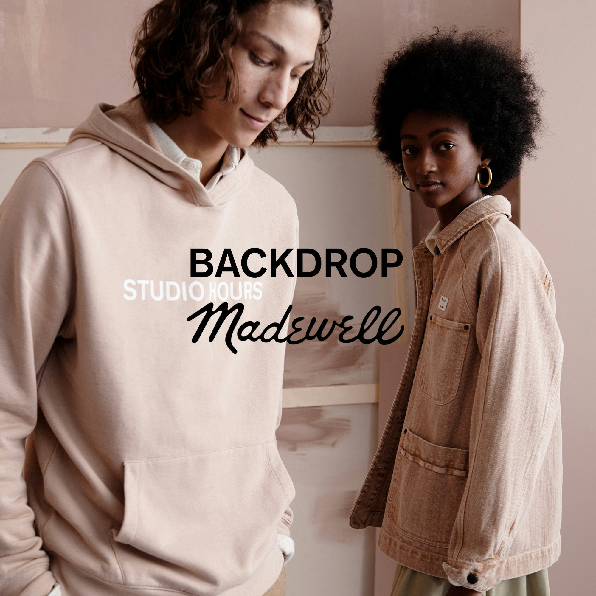 Two people wearing items from the MADEWELL x BACKDROP Capsule Collection