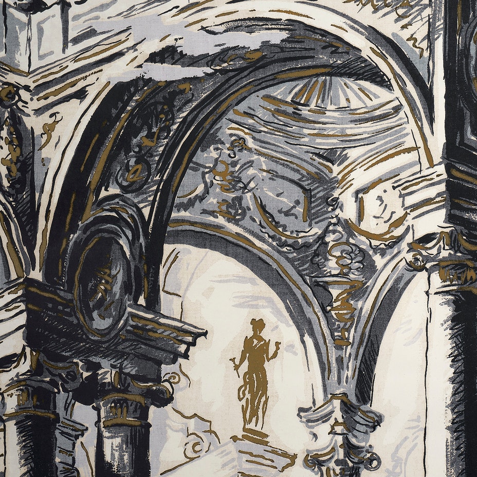 A detail shot from PALAZZO PANEL SET that shows color and shadowing detail on an arch within the design